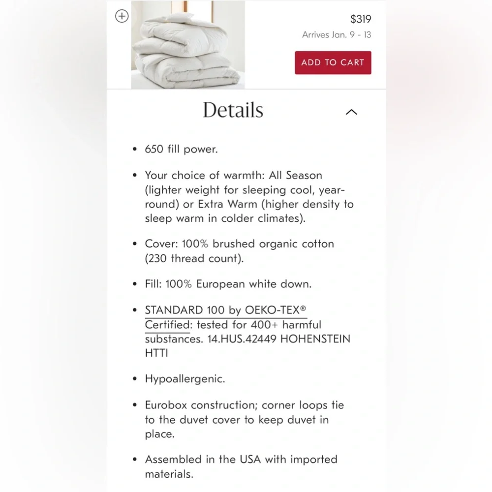 NWT West Elm European Down Duvet Insert - Twin/Twin XL